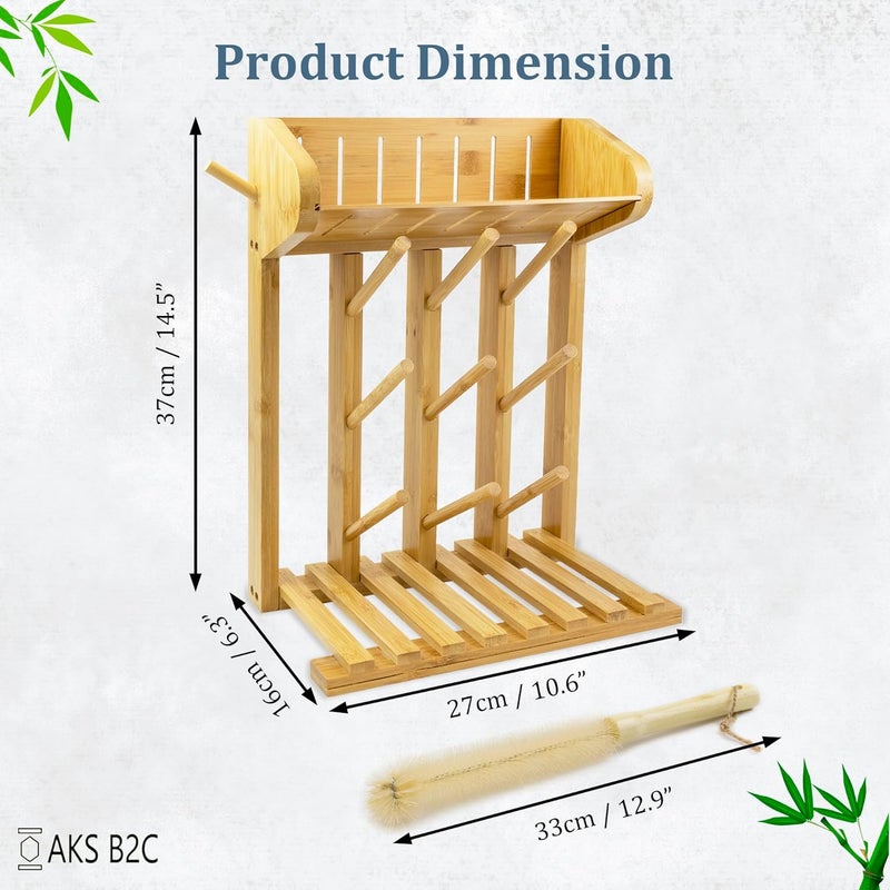 AKS B2C Bamboo Baby Bottle Drying Rack, Vertical Space Saving Kitchen Organizer, 9 Bottle Capacity, Countertop Storage Holder and Bottle Dryer with Draining Base (Comes with a Free Cleaning Brush) - Image 4